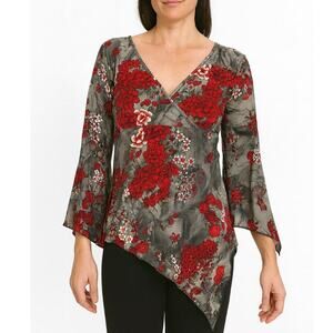 V Generation top blouse stretch gray maroon asymmetrical hem trumpet sleeve SZ S